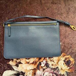 TORY BURCH Leather Navy Blue Gold-Tone Hardware Attachable Slim Pouch